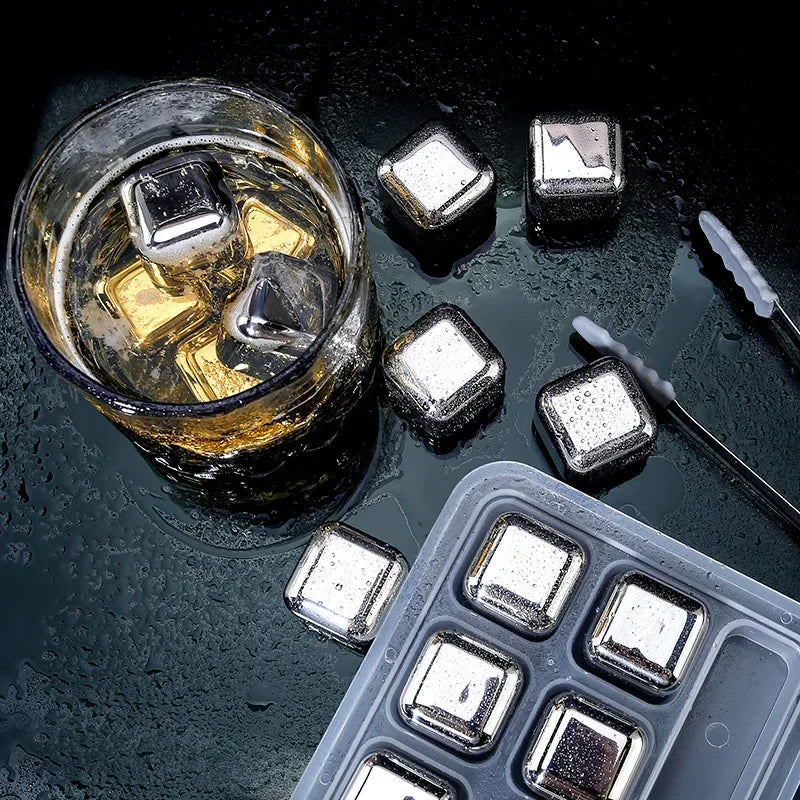Stainless Steel Whisky Stones with Tongs – Reusable Ice Cubes (4, 6 or 8)