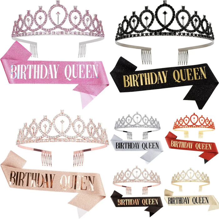 Birthday Queen Sash & Crystal Tiara Set – Birthday Girl Party Accessories for Any Age
