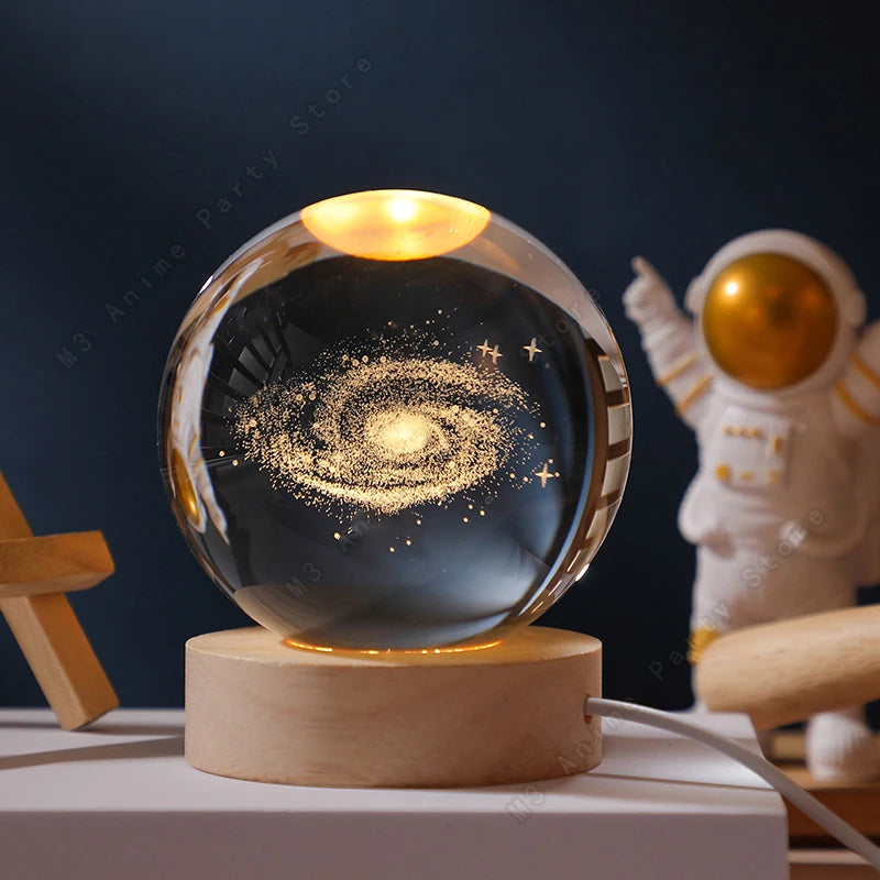 3D Crystal Ball Night Light with Wooden Base – Solar System, Moon & Galaxy Desk Lamp Gift