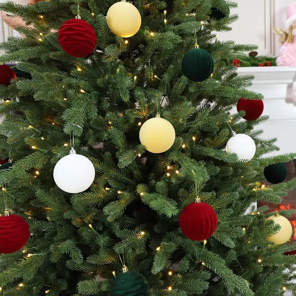 Velvet Christmas Baubles – Set of 12 Flocked 6cm Tree Decorations in Red or Green