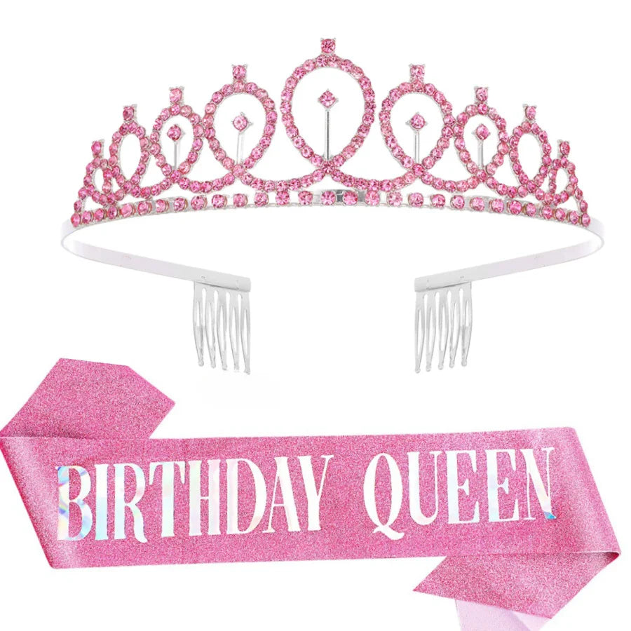 Birthday Queen Sash & Crystal Tiara Set – Birthday Girl Party Accessories for Any Age
