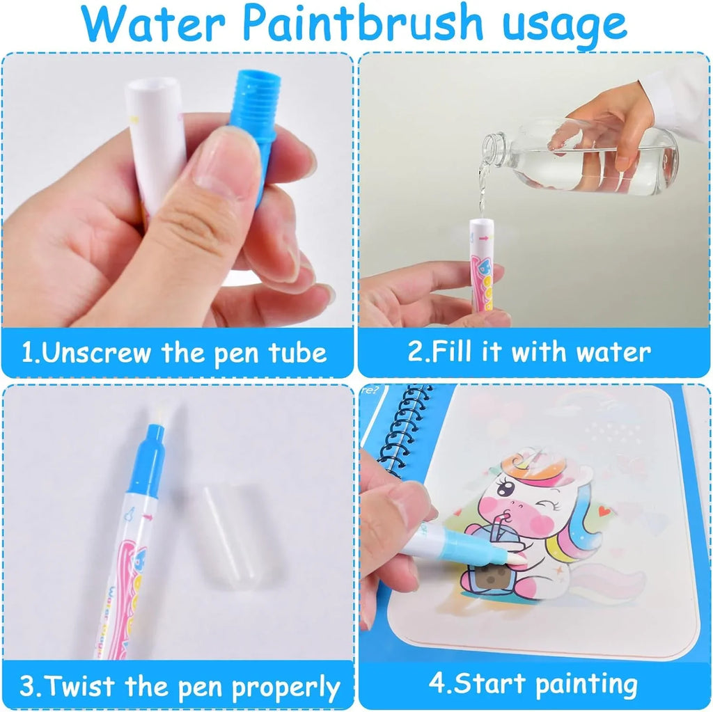 Magic Water Colouring Book with Pen – Reusable Mess-Free Kids Painting Book