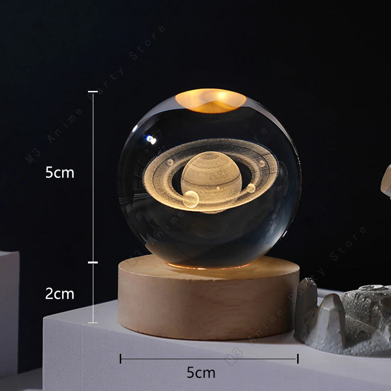 3D Crystal Ball Night Light with Wooden Base – Solar System, Moon & Galaxy Desk Lamp Gift