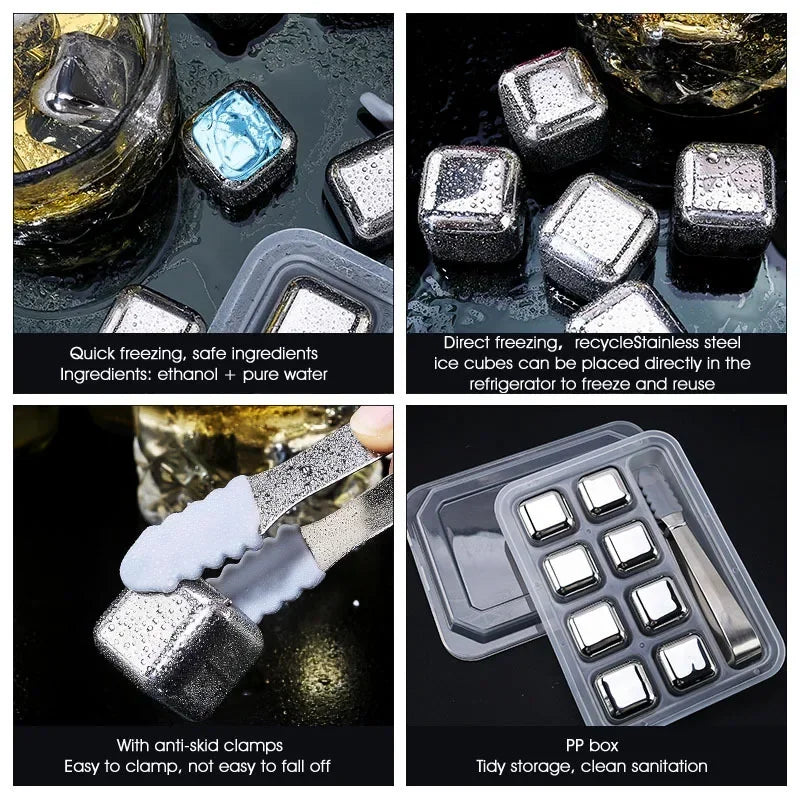 Stainless Steel Whisky Stones with Tongs – Reusable Ice Cubes (4, 6 or 8)