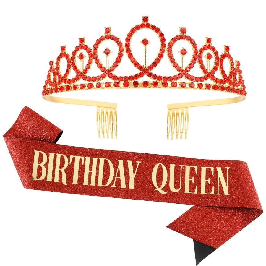 Birthday Queen Sash & Crystal Tiara Set – Birthday Girl Party Accessories for Any Age