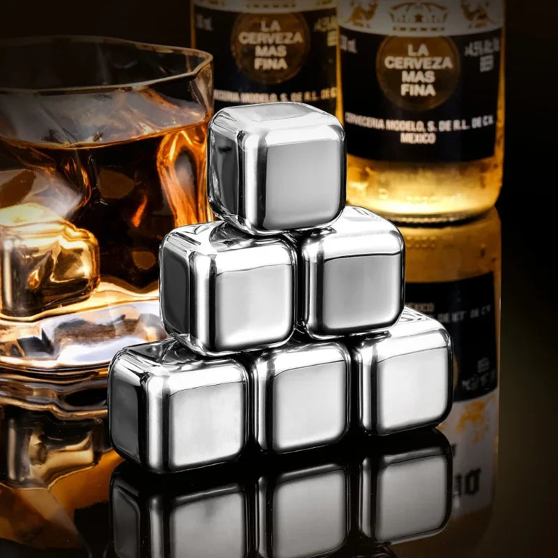 Stainless Steel Whisky Stones with Tongs – Reusable Ice Cubes (4, 6 or 8)