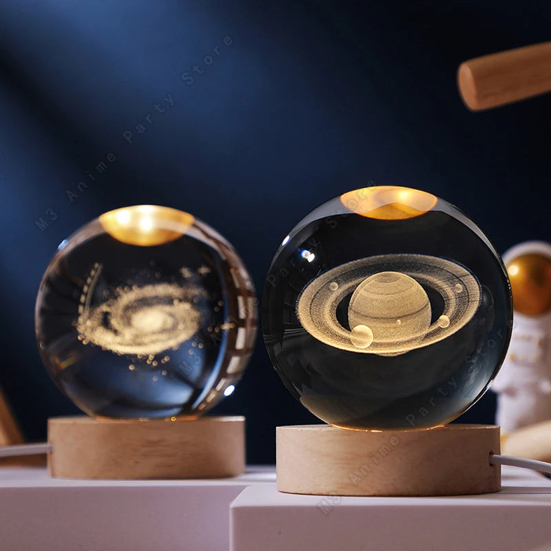 3D Crystal Ball Night Light with Wooden Base – Solar System, Moon & Galaxy Desk Lamp Gift