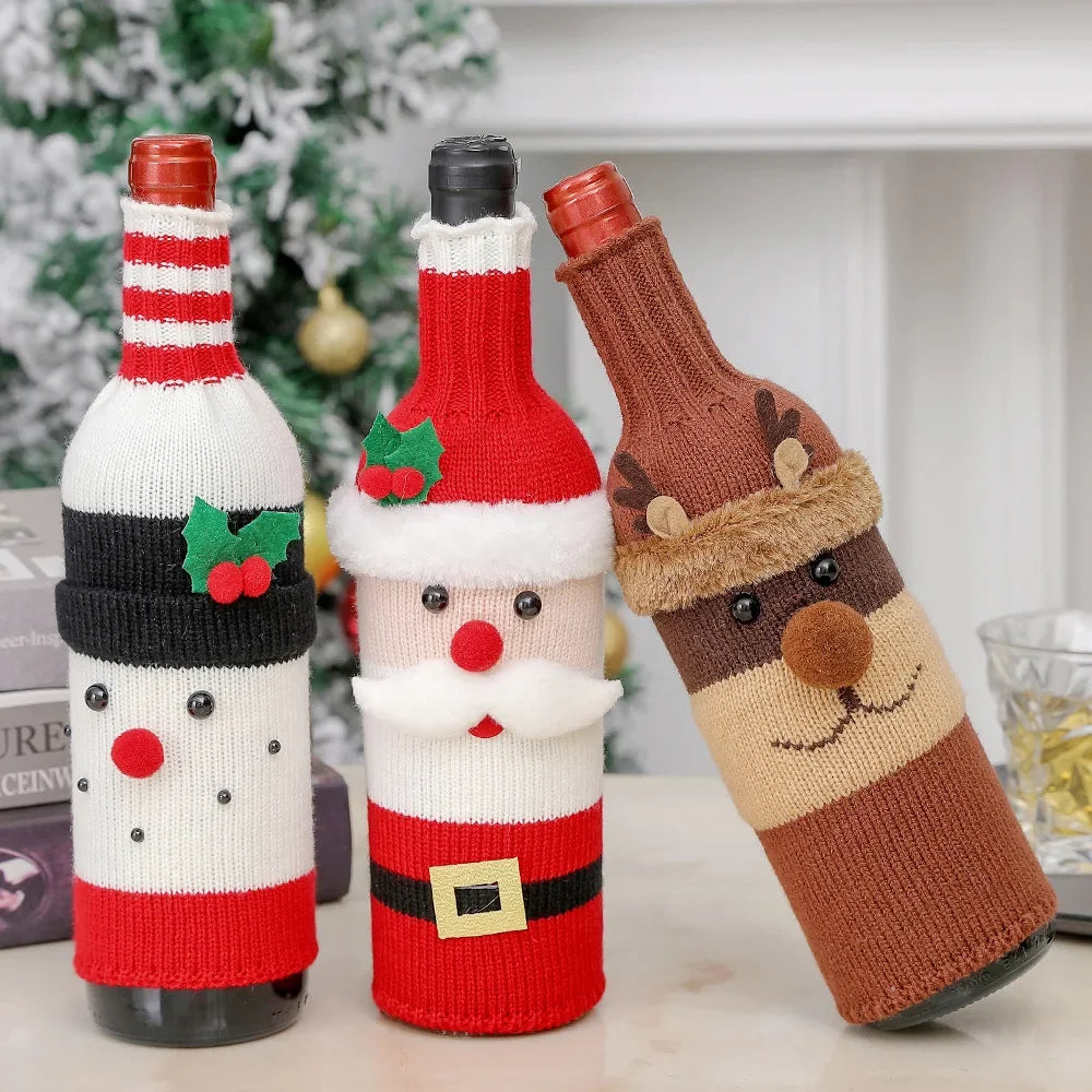 Knitted Christmas wine bottle covers, Santa, snowman and reindeer