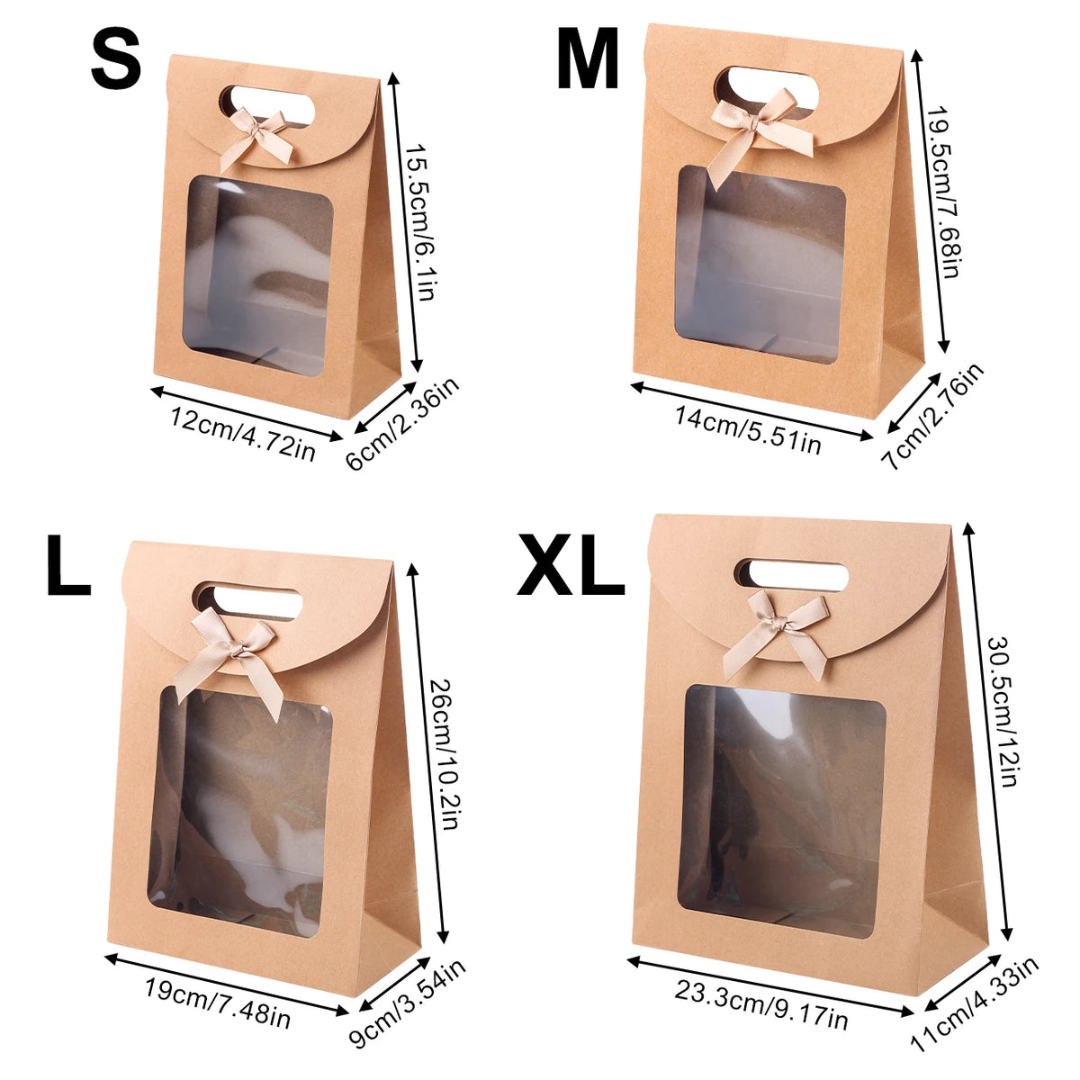 Kraft Paper Gift Bags with Window – Reusable Treat & Present Bags (6 or 12 Pack)
