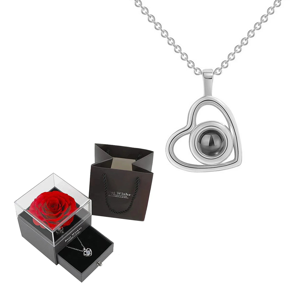 'I Love You' in 100 Languages Projection Necklace with Rose Gift Box