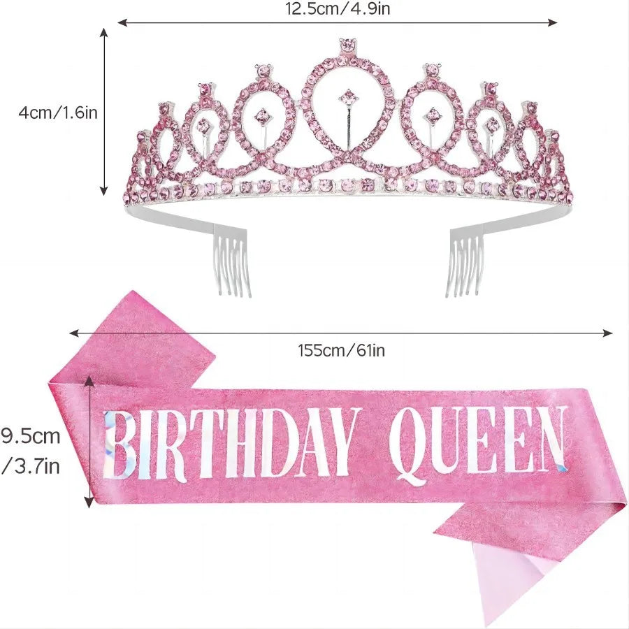 Birthday Queen Sash & Crystal Tiara Set – Birthday Girl Party Accessories for Any Age