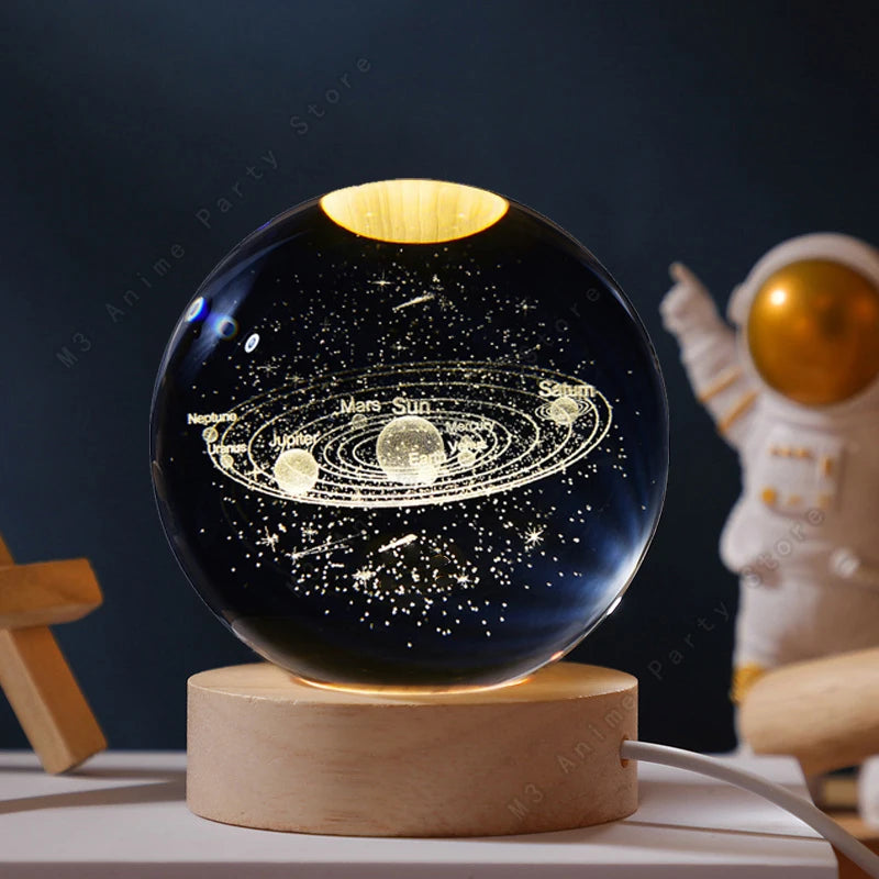 3D Crystal Ball Night Light with Wooden Base – Solar System, Moon & Galaxy Desk Lamp Gift