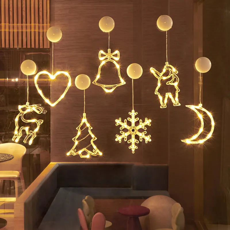 Battery LED Christmas Window Lights – Hanging Santa, Snowflake & Star Light Decorations