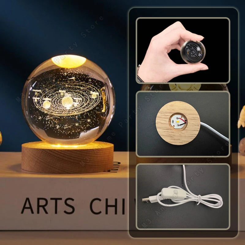 3D Crystal Ball Night Light with Wooden Base – Solar System, Moon & Galaxy Desk Lamp Gift