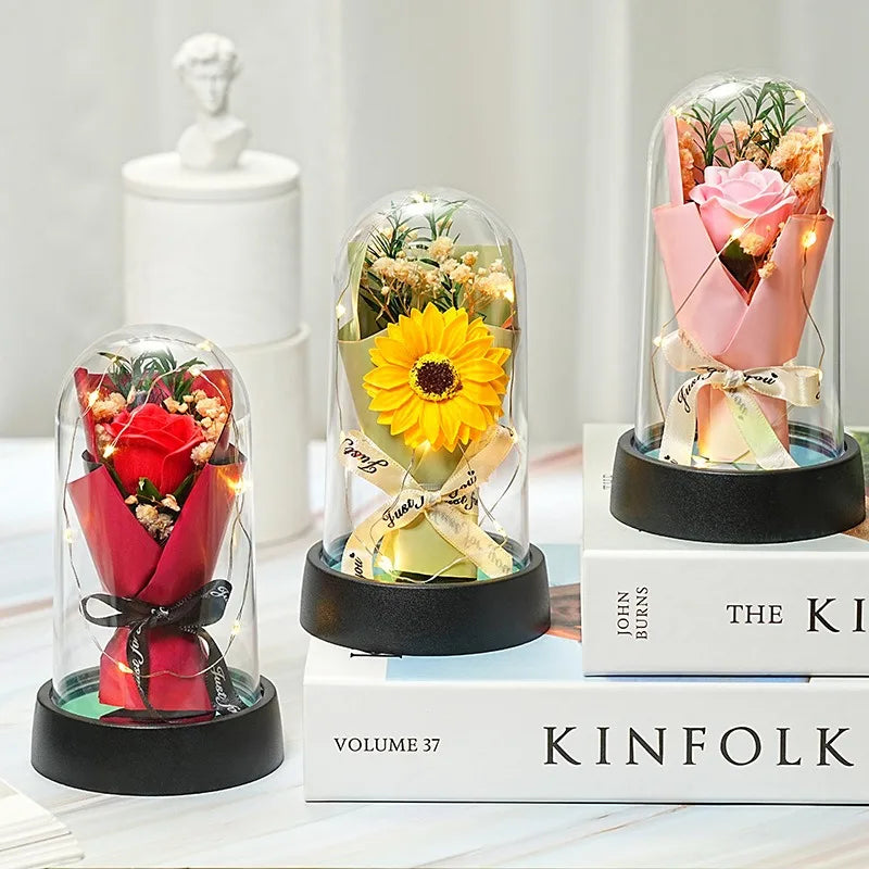 Forever Rose Bouquet in Glass Dome with LED Lights – Romantic Light-Up Keepsake Gift