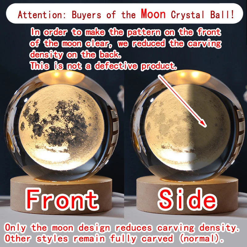 3D Crystal Ball Night Light with Wooden Base – Solar System, Moon & Galaxy Desk Lamp Gift