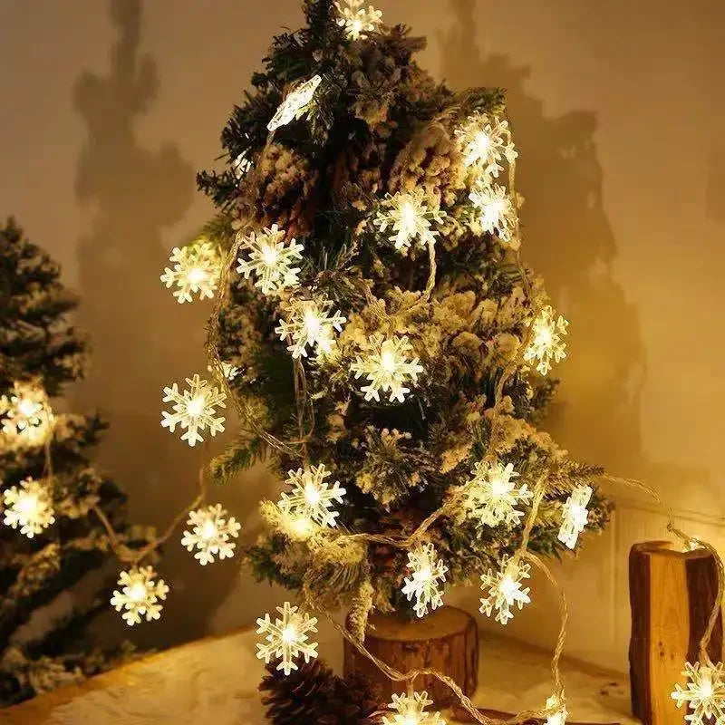 Snowflake string lights glowing