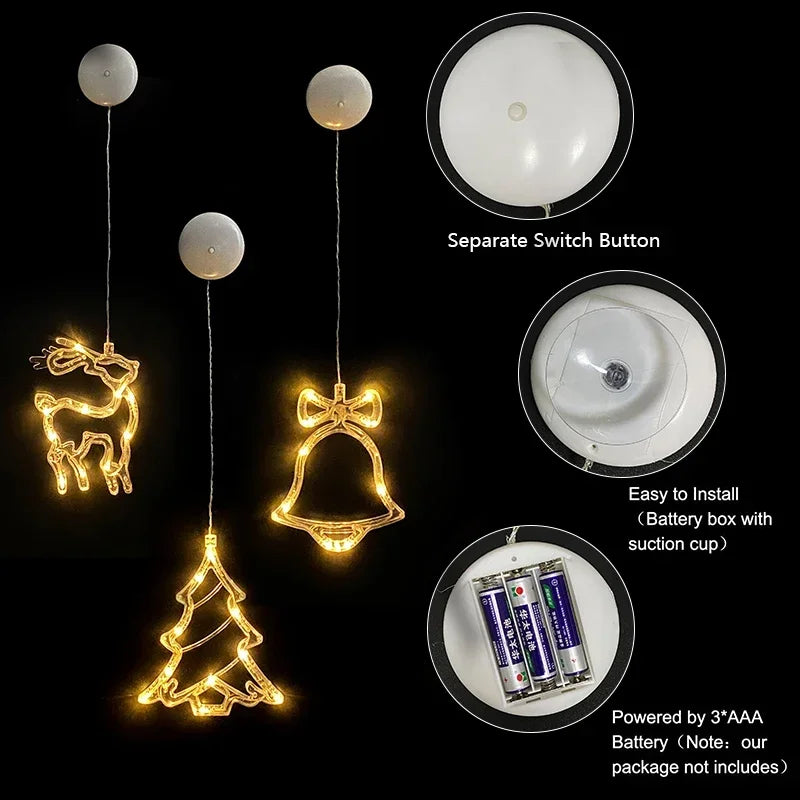 Battery LED Christmas Window Lights – Hanging Santa, Snowflake & Star Light Decorations