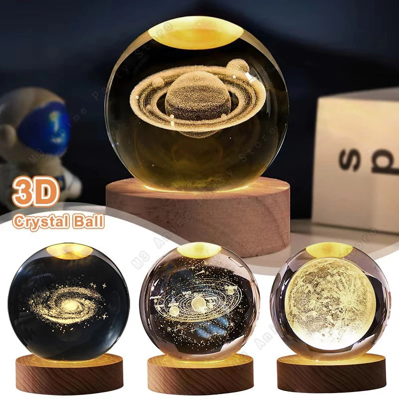 3D Crystal Ball Night Light with Wooden Base – Solar System, Moon & Galaxy Desk Lamp Gift
