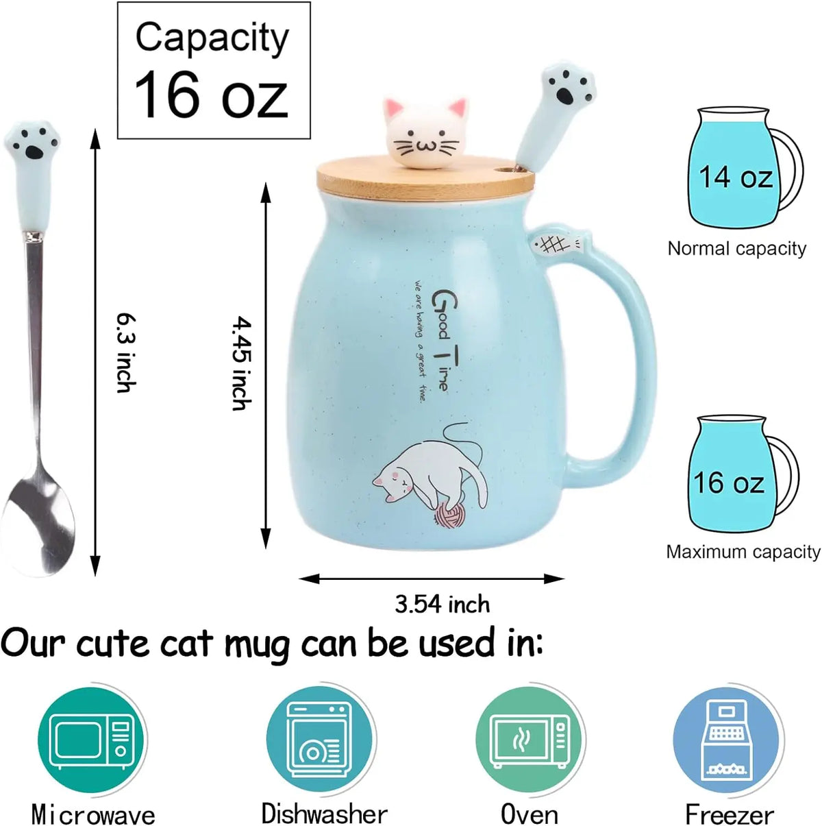 Cute Cat Mug with Lid & Spoon – Ceramic, 16oz