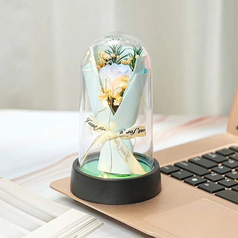 Forever Rose Bouquet in Glass Dome with LED Lights – Romantic Light-Up Keepsake Gift