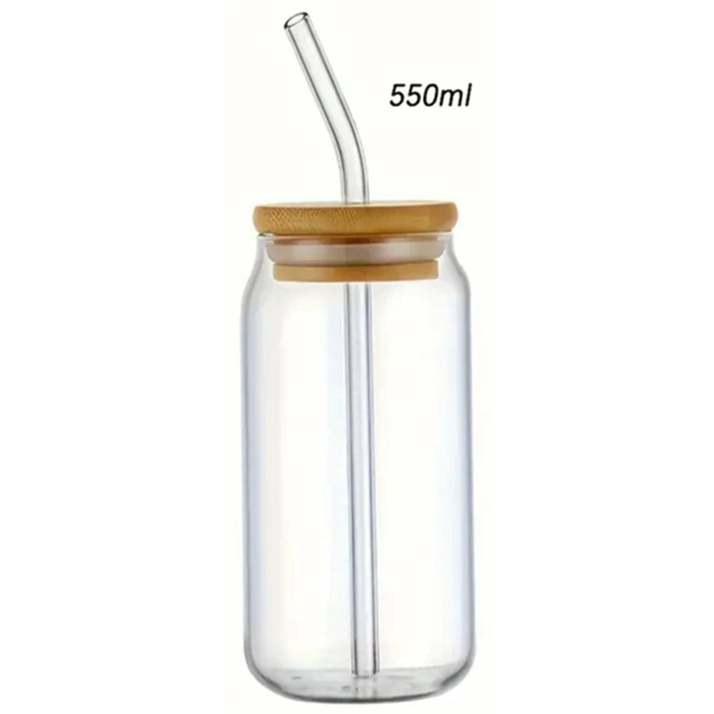 Can-Shaped Glass with Bamboo Lid & Straw – 350 ml or 550 ml Iced Coffee Glass