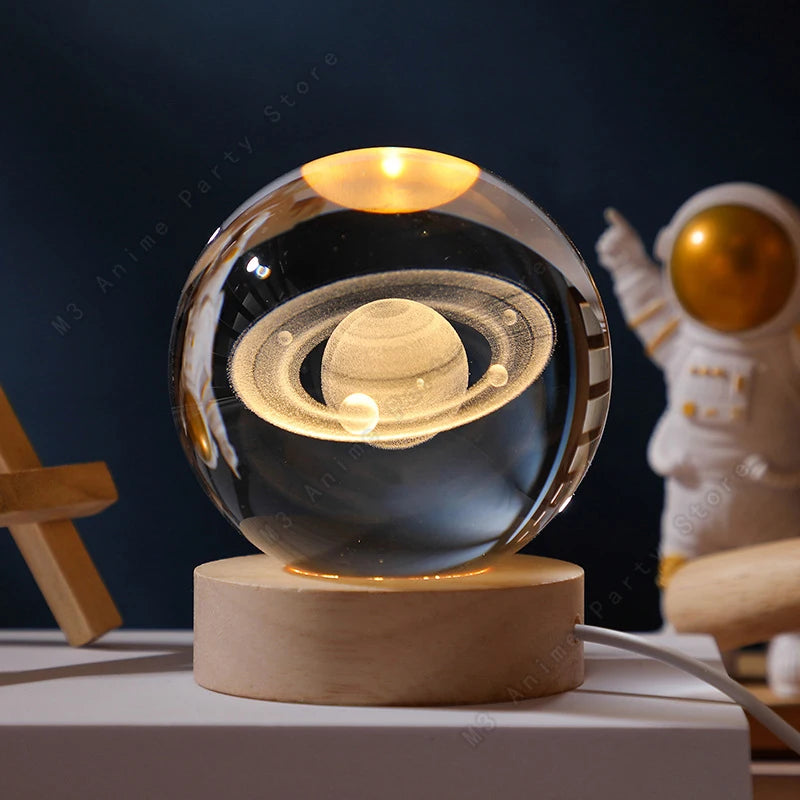 3D Crystal Ball Night Light with Wooden Base – Solar System, Moon & Galaxy Desk Lamp Gift