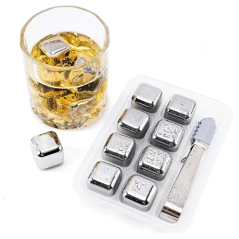 Stainless Steel Whisky Stones with Tongs – Reusable Ice Cubes (4, 6 or 8)