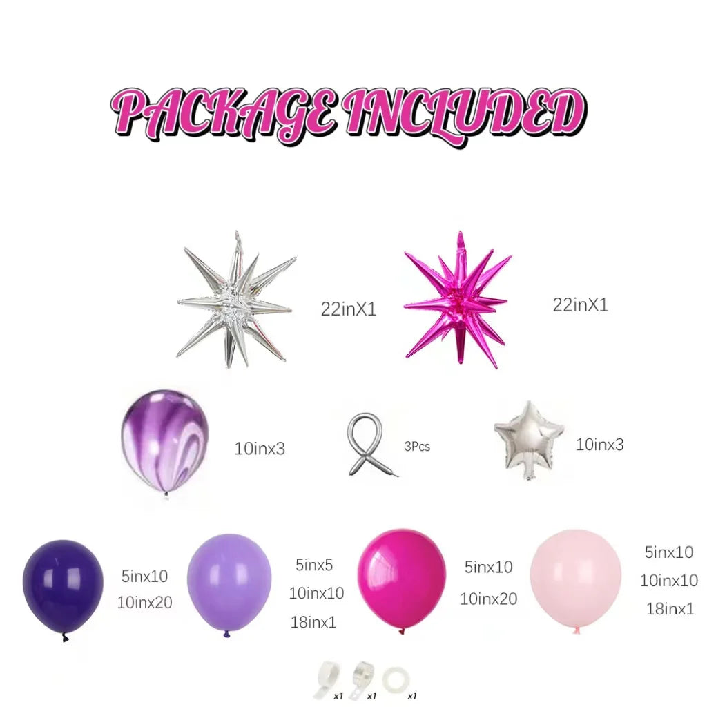 Pink and purple balloon arch with starburst foils