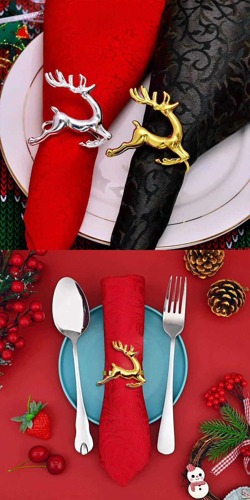 Reindeer Napkin Rings – Gold or Silver Christmas Napkin Holders (1, 6 or 12)