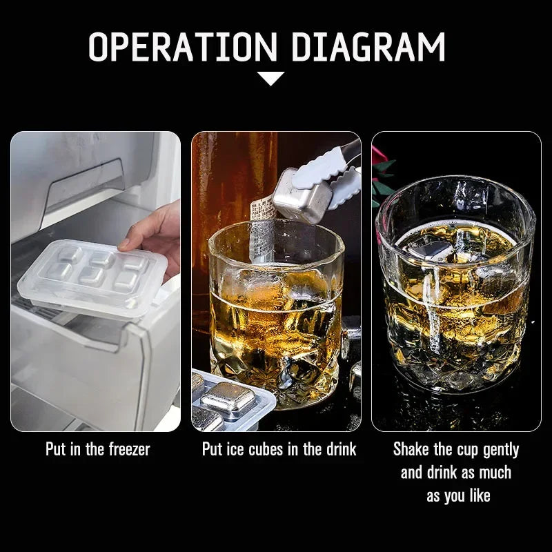 Stainless Steel Whisky Stones with Tongs – Reusable Ice Cubes (4, 6 or 8)