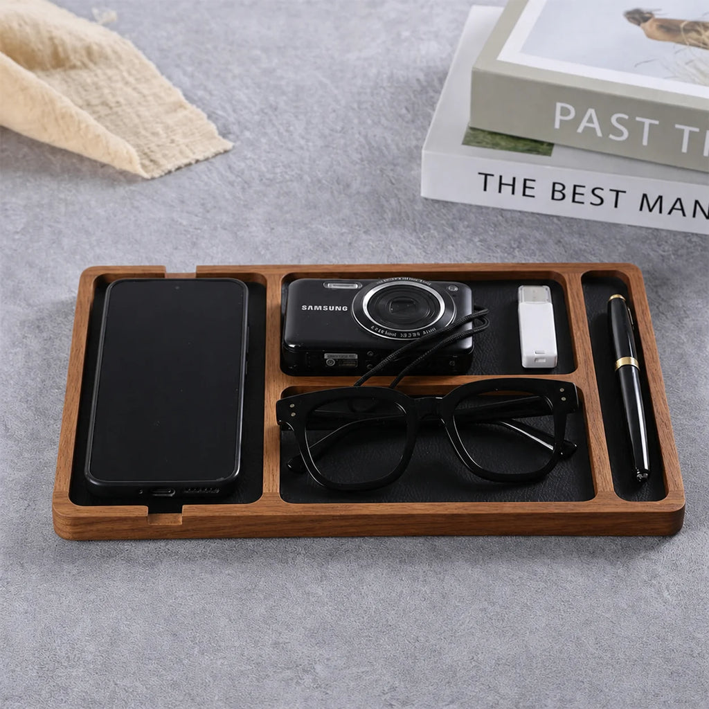 Solid Wood Desk Tray with Dividers – Phone, Keys & Earbuds Organiser