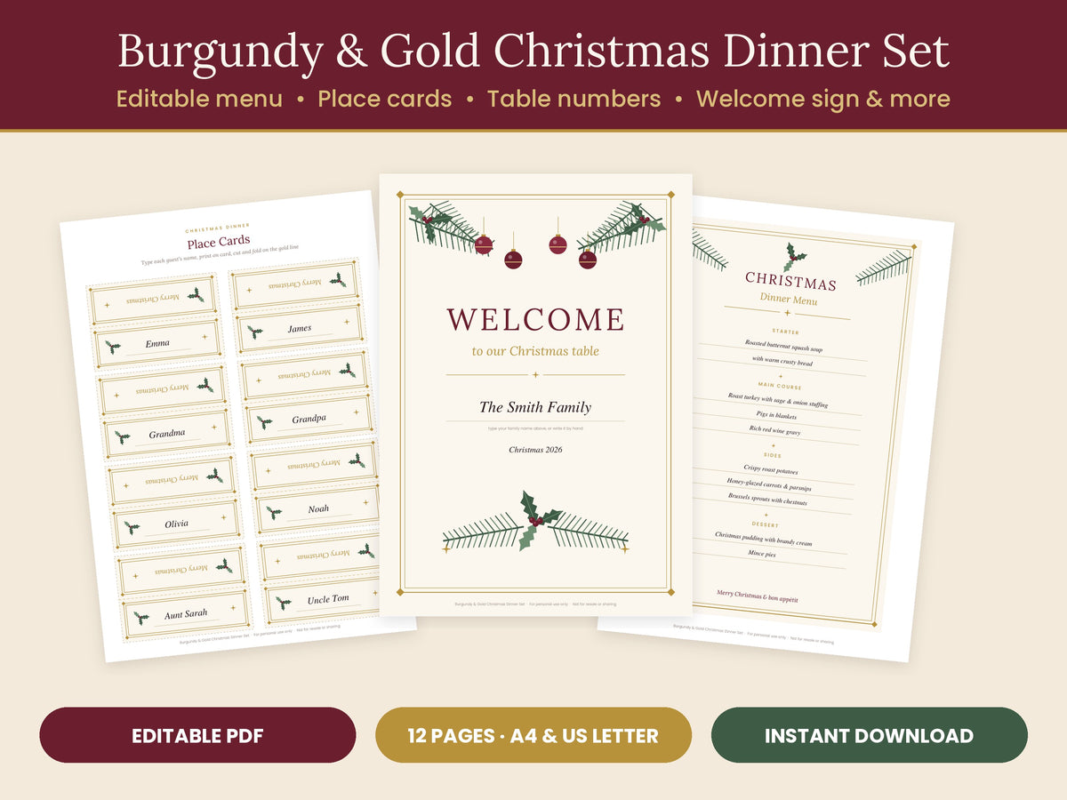 Burgundy and gold Christmas dinner printable menu and place cards