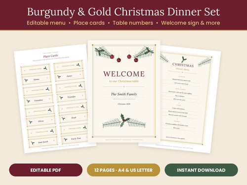 Burgundy and gold Christmas dinner printable menu and place cards
