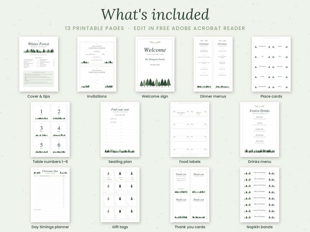 Editable Christmas dinner menu and place cards in sage green