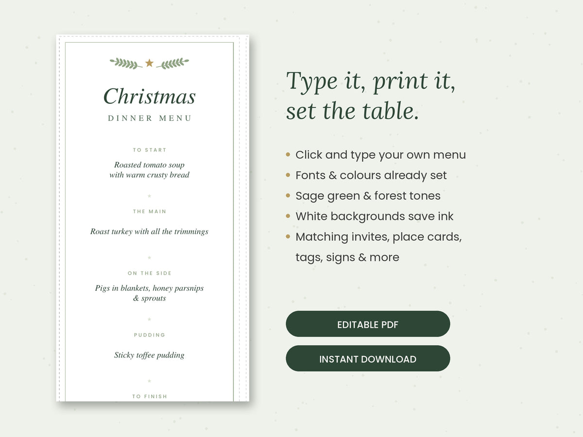 Sage green winter forest Christmas table printables